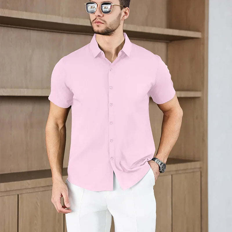 Noxwear -New Men's Business Casual Solid Color Short Sleeved Shirt for Summer Fashion No Ironing Comfortable and Versatile Top