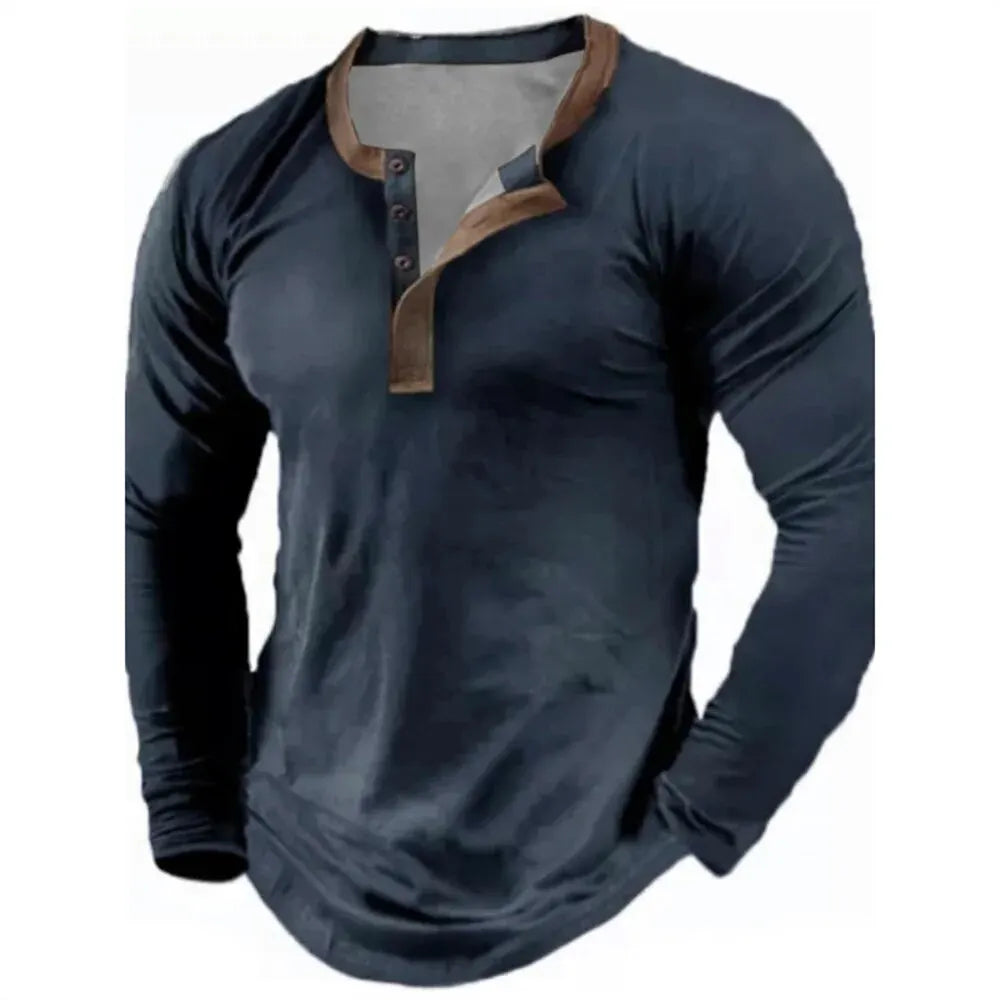 Noxwear - Spring Autumn Solid Color Henley Shirts 3D Printed Men's Fashion Vintage Button-Down Long Sleeve T Shirt Man Tees Tops Clothing
