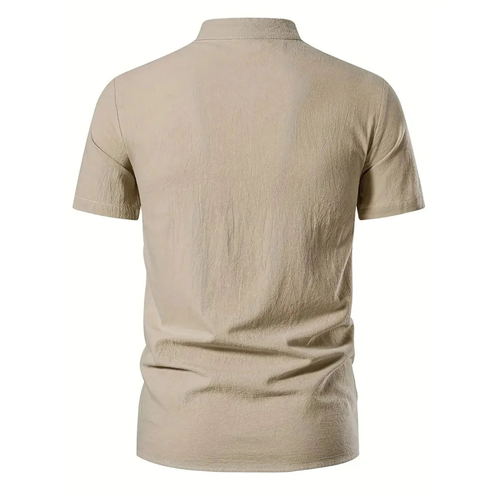 Noxwear - Men's Retro Shirt Short Sleeve Cotton Linen Lightweight Breathable Solid Color Fashion Tops Pirate V-neck Male Stylish Shirs