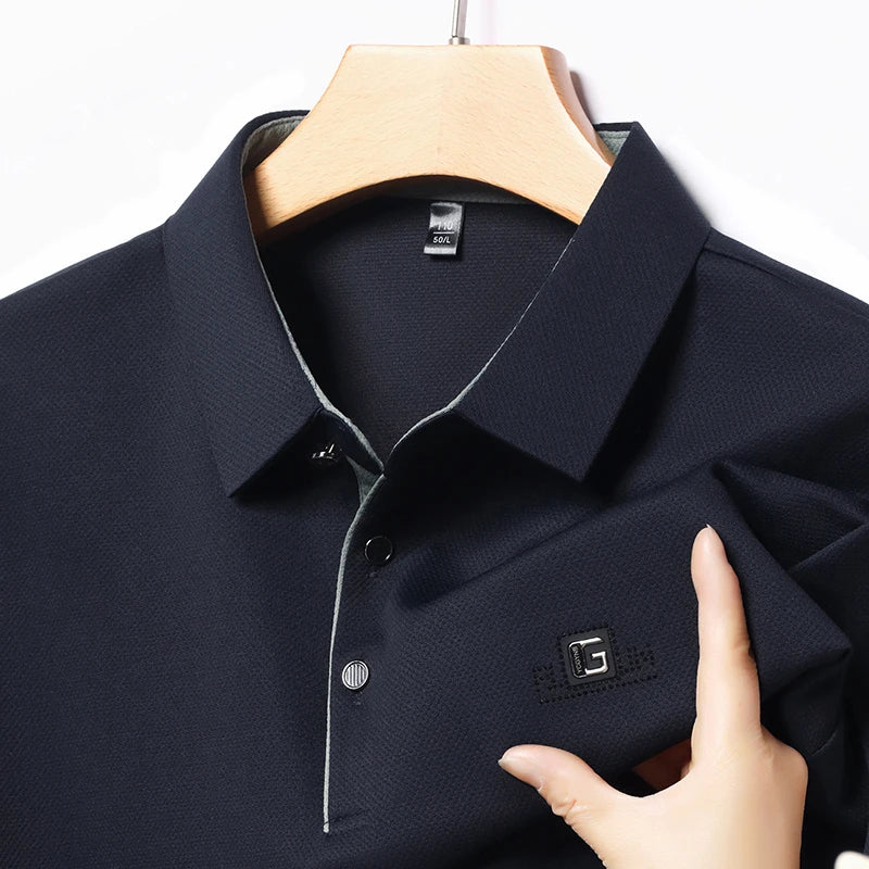 Noxwear - New Men's Business Casual Short Sleeved Shirt with Badge Solid Color Polo Shirt Fashionable Breathable Comfortable Versatile Top