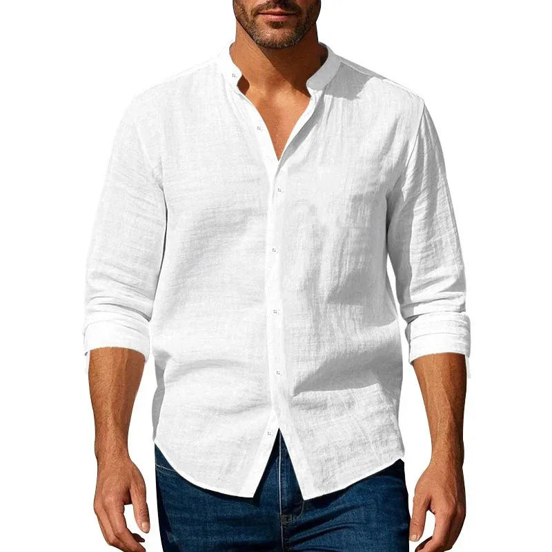 Noxwear - Cotton Linen Shirt for Men Henley Neck Solid Color Lightweight Breathable Slim Fit Single Breasted Shirt Long Sleeve Button Up