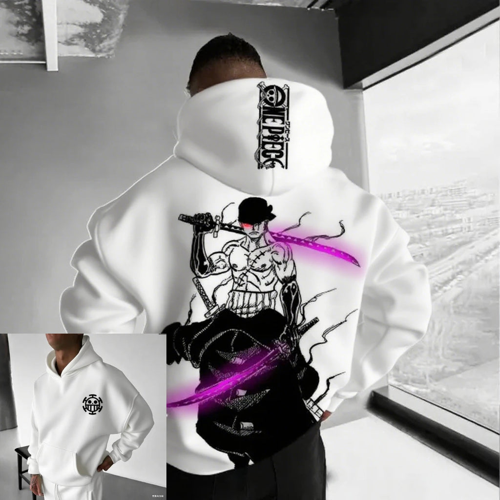 Men’s hooded sweatshirt in white with bold front graphic featuring black artwork and diagonal purple streaks, crafted from cotton fabric for comfort and modern streetwear appeal.