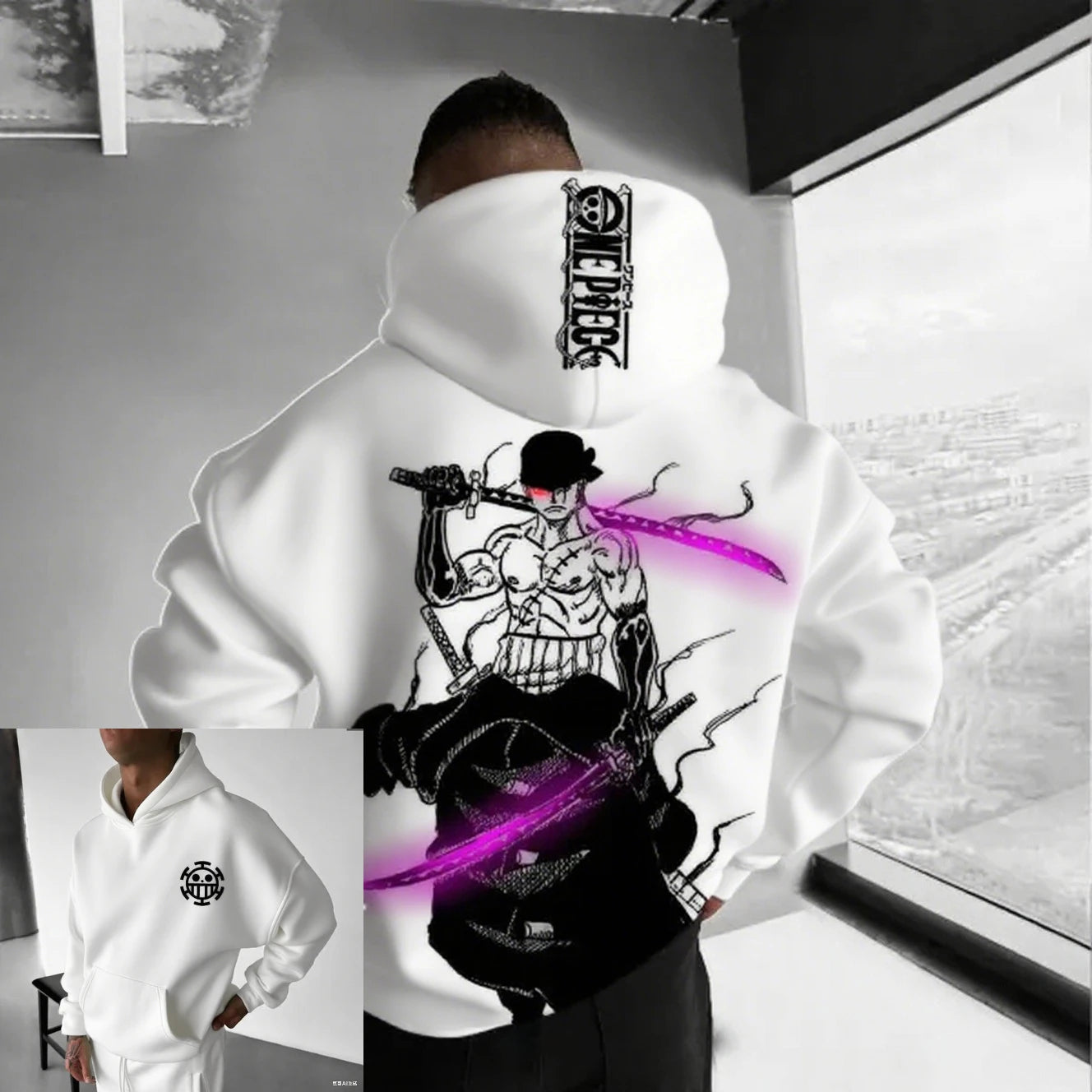 Men’s hooded sweatshirt in white with bold front graphic featuring black artwork and diagonal purple streaks, crafted from cotton fabric for comfort and modern streetwear appeal.