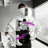 Men’s hooded sweatshirt in white with bold front graphic featuring black artwork and diagonal purple streaks, crafted from cotton fabric for comfort and modern streetwear appeal.