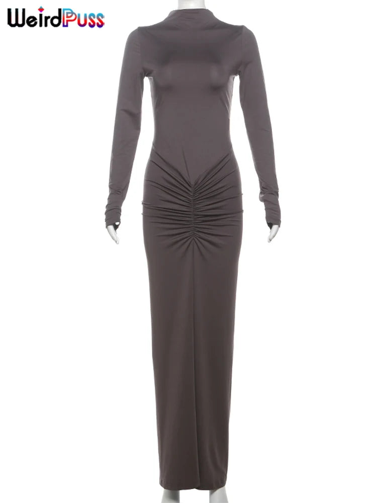 Noxwear Weird Puss Hipster Ruched Dress Women o-NeckFull Sleeve  Skinny Stretch Robe Autumn Trend Simple Classic Pleats Long Bodycon