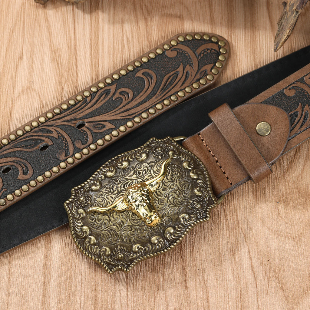 Noxwear - Western Cowboy Belt Cowhead Big Plate Buckle Trend Retro Belt Punk Style Pu Leather Belt