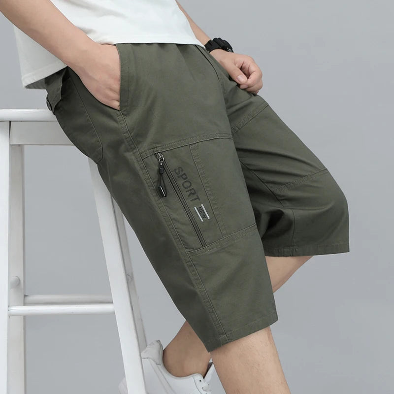 Noxwear - Mens Cargo Shorts Knee Pants Zipper Pocket Summer Cotton Shorts Climbing Jogger Elastic Waist Sports Wear