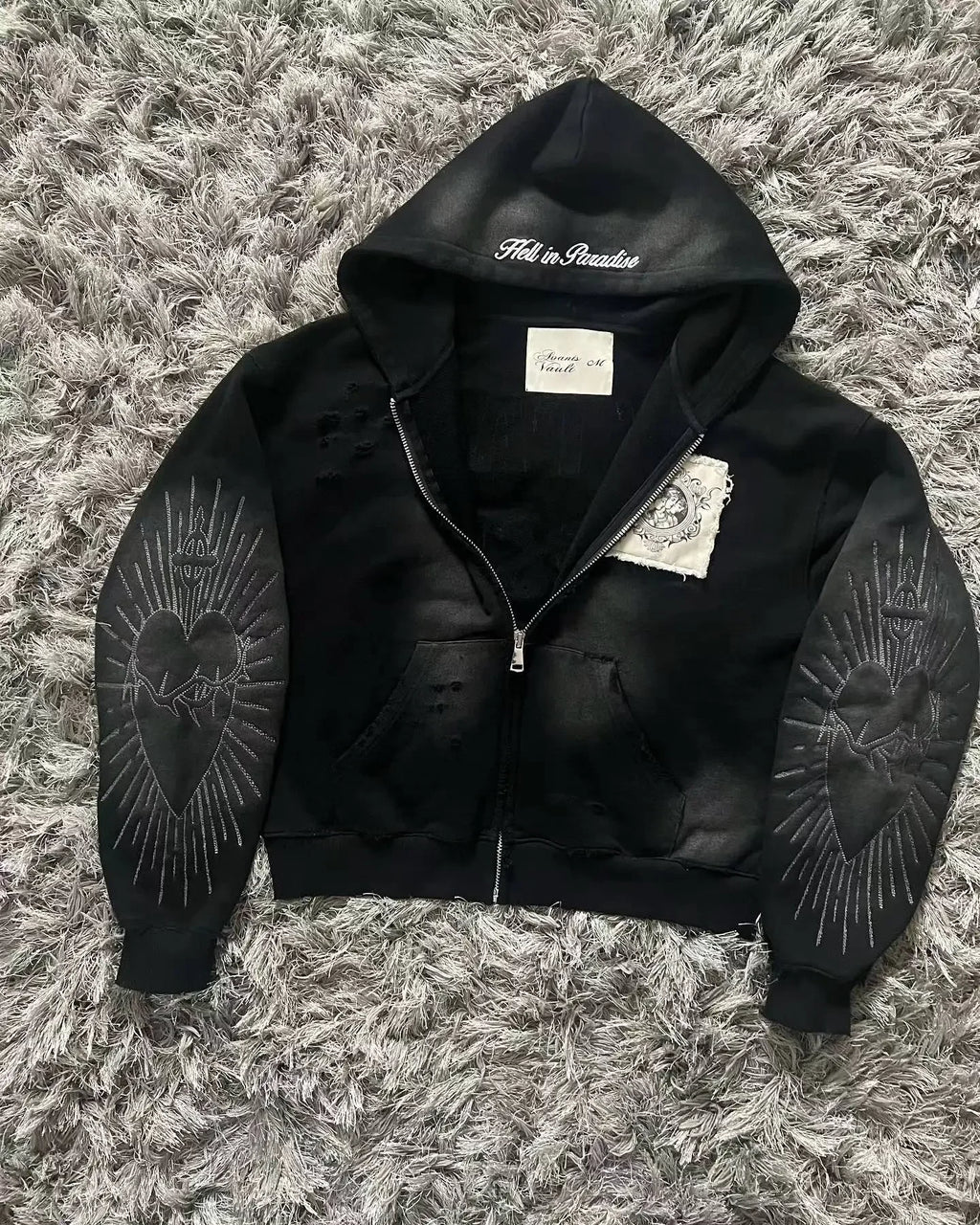 Noxwear Anime Hoodies in black featuring cropped shiny faux‑leather design with zip‑up front for bold streetwear style.