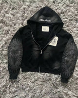 Noxwear Anime Hoodies in black featuring cropped shiny faux‑leather design with zip‑up front for bold streetwear style.