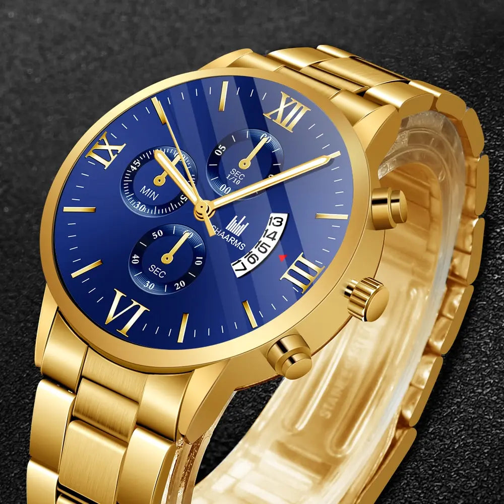 Noxwear -  Mens Fashion Business Quartz Watch Fashion Fake Three Eye Six Pin Calendar Men Watch Stainless Steel Belt Men Watches