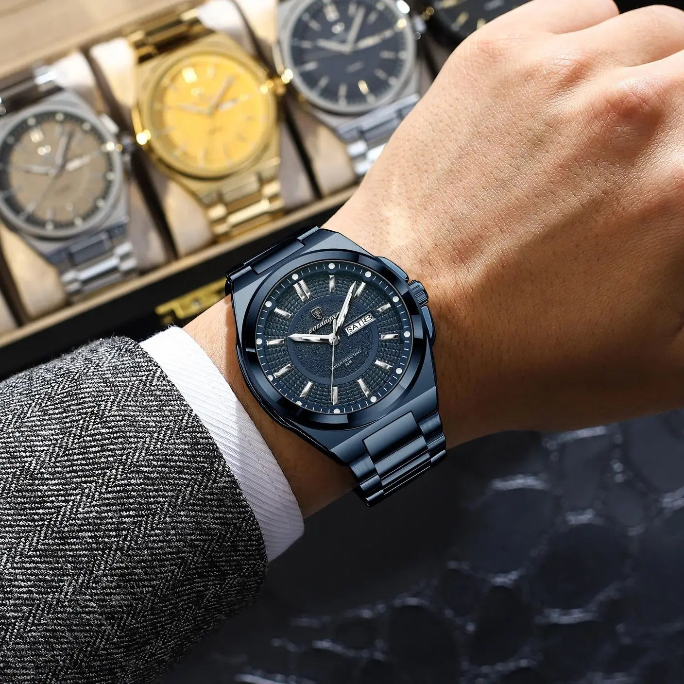 Noxwear - POEDAGAR Sport Original Men Clock Quartz Date Week Luxury Man Wristwatch Waterproof Luminous Stainless Steel Men's Watches Reloj