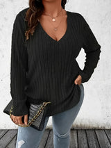 Noxwear - Plus Size 1XL-5XL  Women's Casual Fashion V Neck Long Sleeve T-Shirt  LadiesWomen's Plus Size Solid Ribbed T-Shirt Clothing