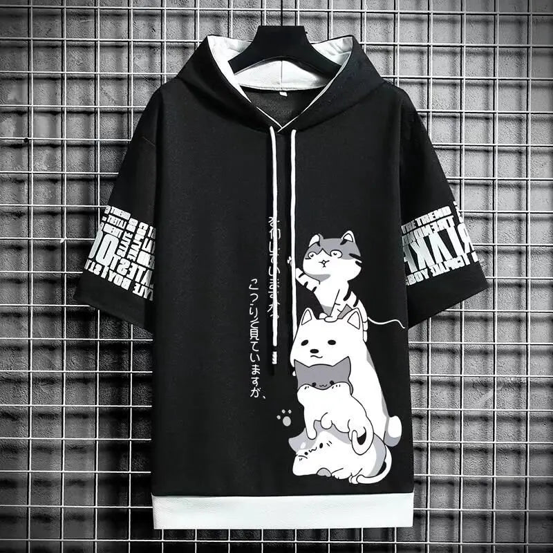 Noxwear - Japan Fashion Men's Hoodies Summer Men Clothing Cartoon Casual Harajuku Streetwear Print Hooded Top Short Sleeve Sweatshirts Men
