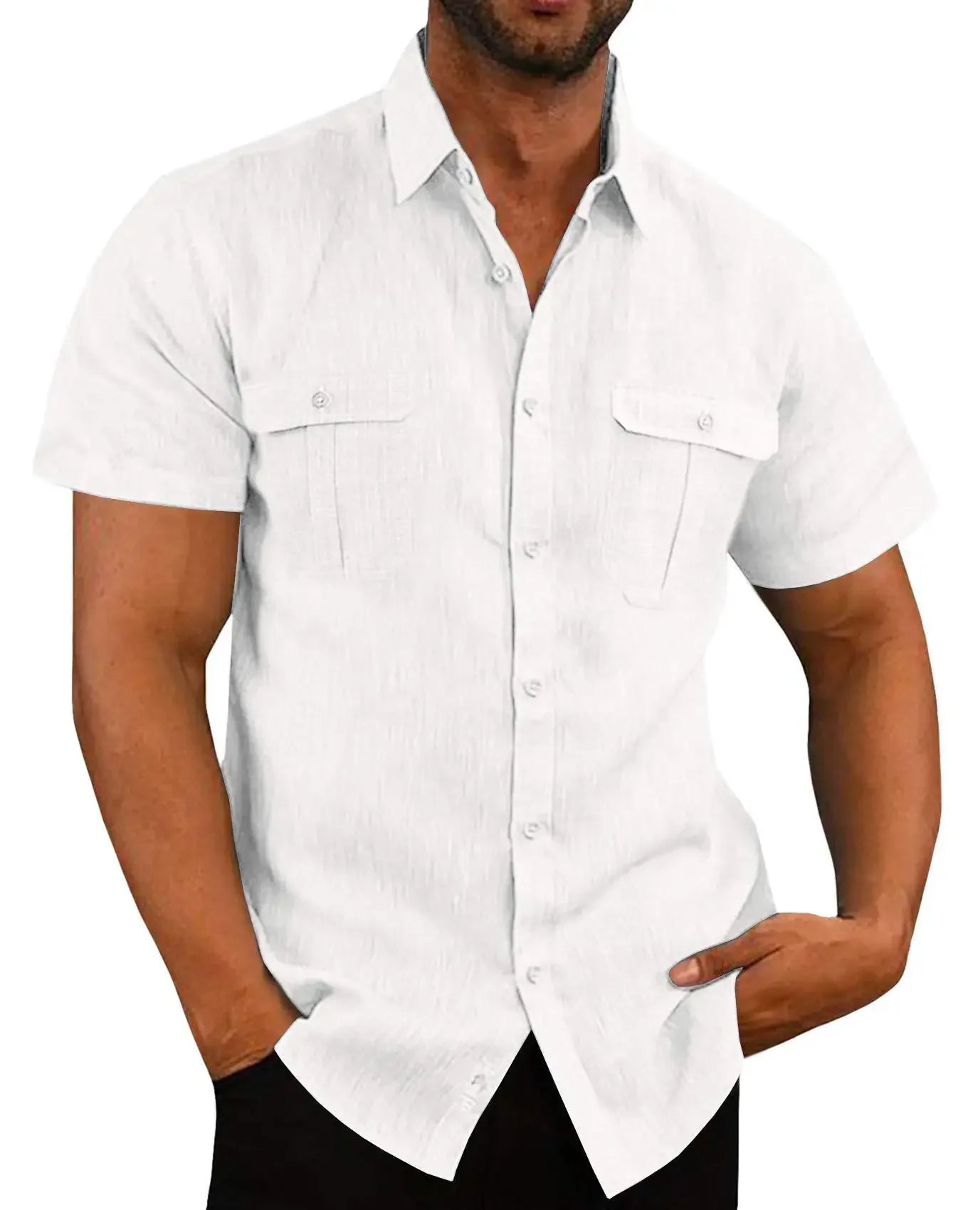 Noxwear - Cotton Linen Hot Sale Men Short-Sleeved Shirts Summer Solid Color Comfort Collar Casual Beach Style Plus SizeMale Shirts M-5XL