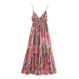Noxwear Fashion Printed Elastic Waist Backless Dress Women Lace Up Vintage Straps V-Neck Midi Dresses Female Vacation Chic Beach Dresses