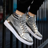 Noxwear - Men's Boots Nightclubs Fashiona Sequins With Diamonds Gold Leather Boots Trendy High Top Sports Casual Shoes Large Size 38-48
