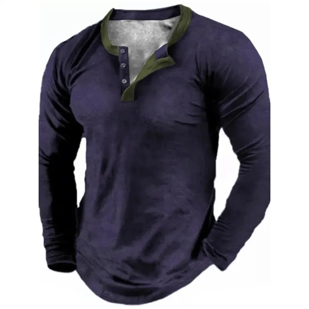 Noxwear - Spring Autumn Solid Color Henley Shirts 3D Printed Men's Fashion Vintage Button-Down Long Sleeve T Shirt Man Tees Tops Clothing