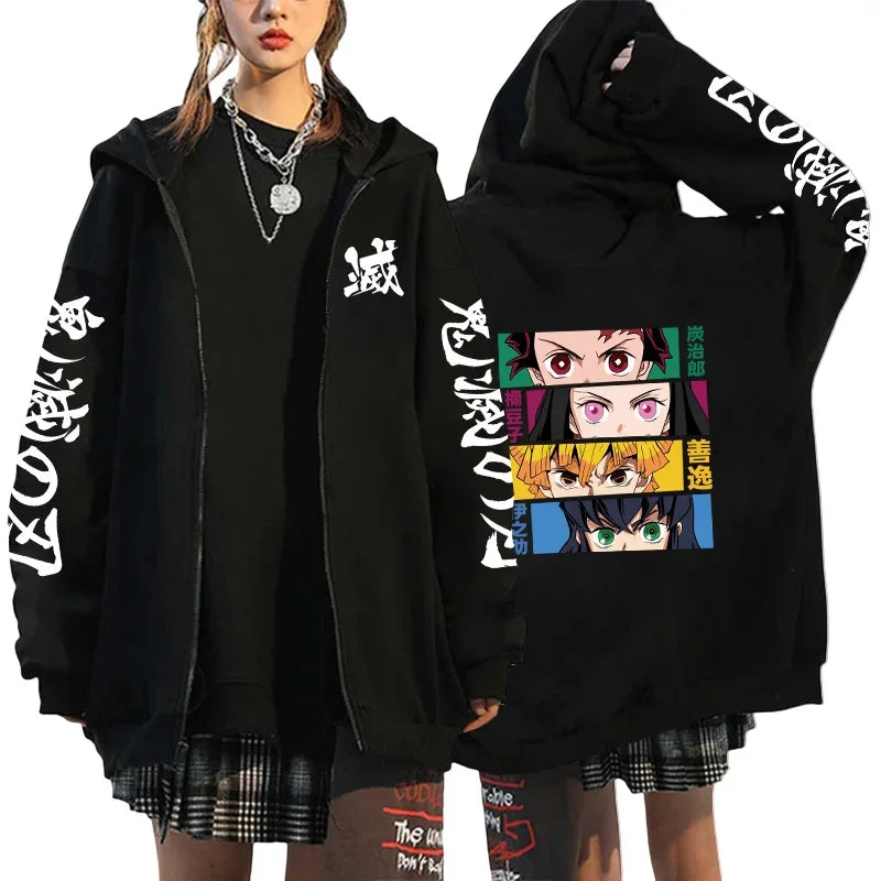 Noxwear Anime Hoodies featuring bold graphics of Demon Slayer characters on a zip jacket, perfect for fans.