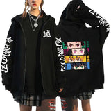 Noxwear Anime Hoodies featuring bold graphics of Demon Slayer characters on a zip jacket, perfect for fans.