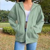 Noxwear - Autumn Fleece Hoodie Solid Color Hooded Korean Fashion Sweatshirts Long Sleeve Top Drawstring Pockets Loose Zipper Black Hoodies