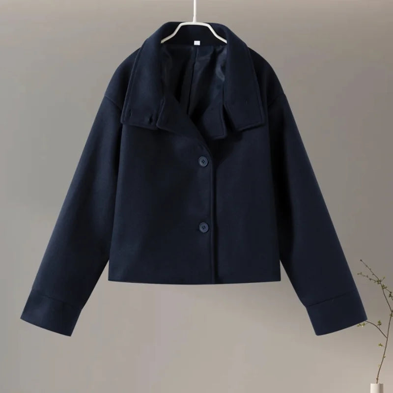 Noxwear Stand Collar Women Winter Woolen Coats 2025 Autumn Single Breasted Loose Female Long Sleeve Jacket Office Lady Street Short Coat