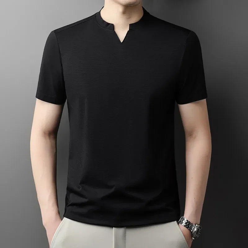 Noxwear - Korean Men's Casual and Fashionable Small V-neck Solid Color Short Sleeved T-shirt Comfortable Summer Versatile Top