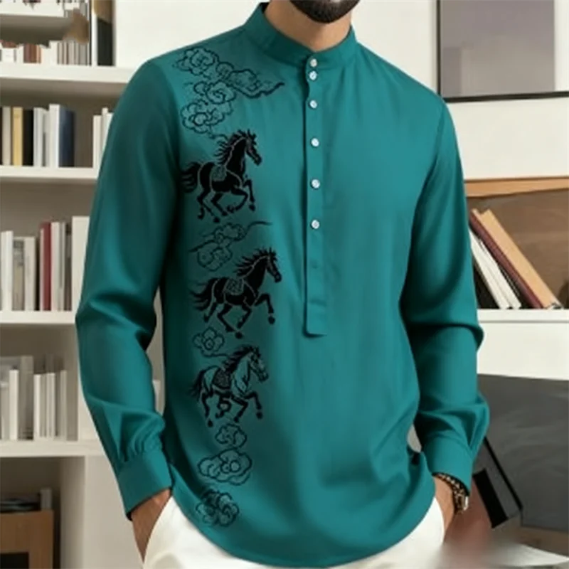 Noxwear - New men's casual fashion street men's 3D horse print shirt with collar and long sleeved top men's long sleeved shirt