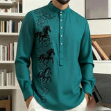Noxwear - New men's casual fashion street men's 3D horse print shirt with collar and long sleeved top men's long sleeved shirt