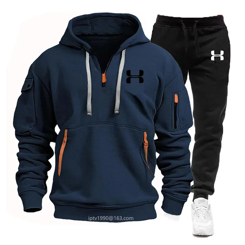 Noxwear-Men new autumn and winter multi-pocket zipper long-sleeved hoodie + sports and leisure pants two-piece fitness jogging suit