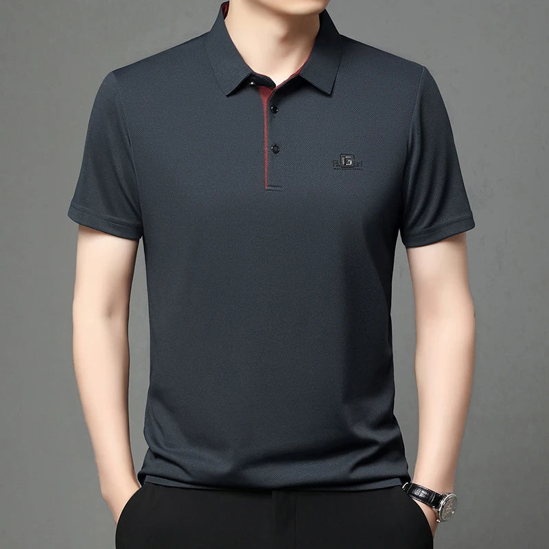Noxwear - New Men's Business Casual Short Sleeved Shirt with Badge Solid Color Polo Shirt Fashionable Breathable Comfortable Versatile Top