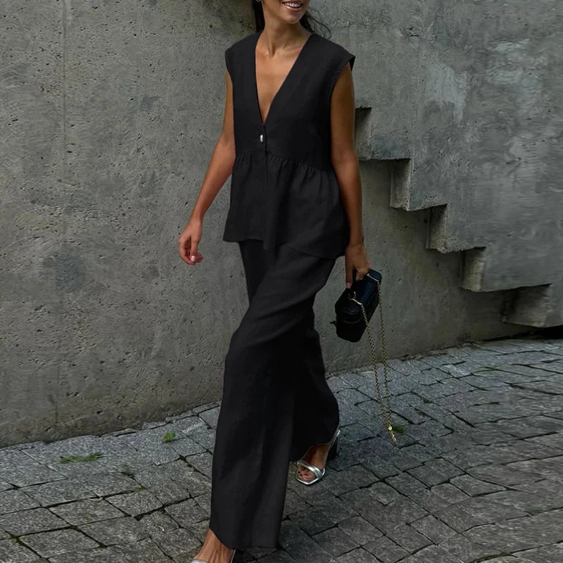 Noxwear Ladies Casual V Neck Sleeveless Top with Pants 2pc Sets Summer High Street Pocket Loose Outfit Elegant Button Solid Color Suit