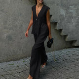 Noxwear Ladies Casual V Neck Sleeveless Top with Pants 2pc Sets Summer High Street Pocket Loose Outfit Elegant Button Solid Color Suit