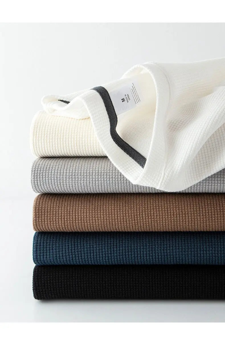 Noxwear - Waffle Short Sleeved T-shirt for Men and Women Summer Japanese Round Neck Half Sleeved Top Loose Casual Solid Color T-shirt