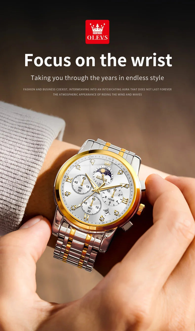 Noxwear - OLEVS Top Luxury Brand Men's Watches Moon Phase Chronograph Quartz Watch for Man Gold Stainless Steel Luminous Original Watch