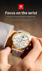 Noxwear - OLEVS Top Luxury Brand Men's Watches Moon Phase Chronograph Quartz Watch for Man Gold Stainless Steel Luminous Original Watch