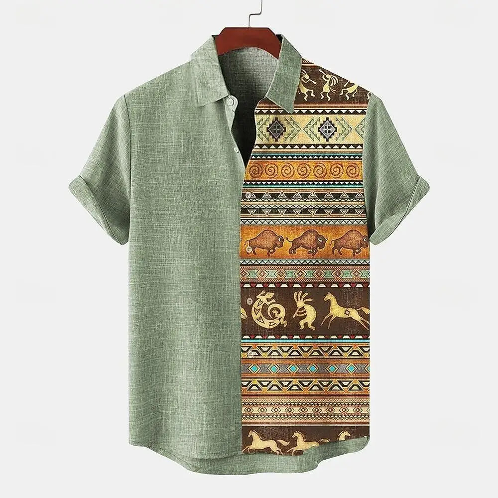 Noxwear - Vintage pattern print, fashionable men's short sleeved shirt, loose top, outdoor street, casual and comfortable