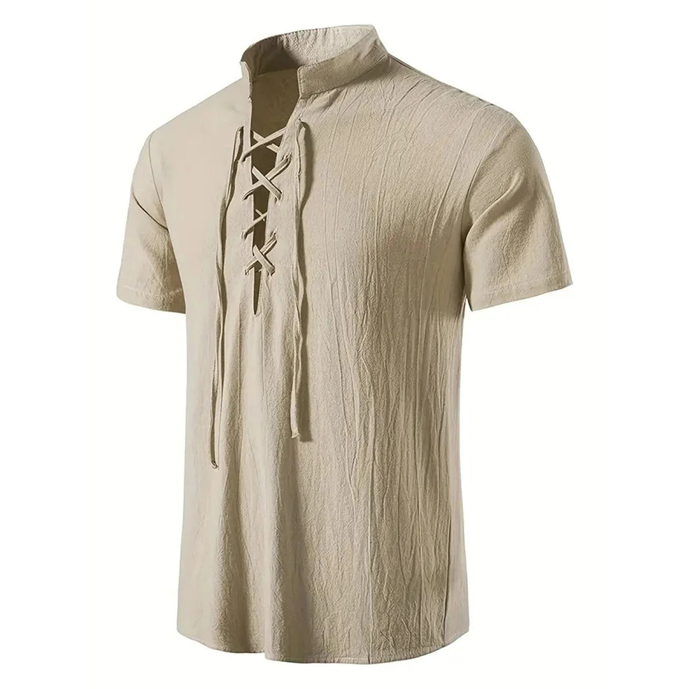 Noxwear - Men's Retro Shirt Short Sleeve Cotton Linen Lightweight Breathable Solid Color Fashion Tops Pirate V-neck Male Stylish Shirs