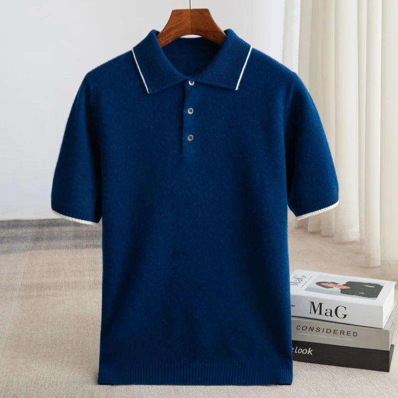 Noxwear - 100% Merino wool men's lapel short sleeved sweater T-shirt new knitted casual business men's pullover sweater wool T-shirt summe