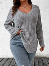 Noxwear - Plus Size 1XL-5XL  Women's Casual Fashion V Neck Long Sleeve T-Shirt  LadiesWomen's Plus Size Solid Ribbed T-Shirt Clothing