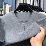 Noxwear - 2025 New Men's Business Casual Three Button V-neck Short Sleeved T-shirt Korean Style Summer Comfortable Versatile Top