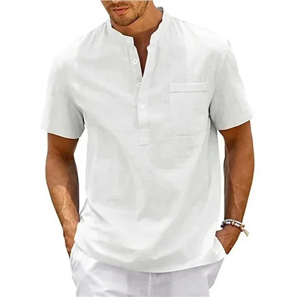 Noxwear - Cotton Linen Shirt Men Henley Neck Pocket Casual Beach Short Sleeve Solid Color Male Tops T-shirts Vintage Streetwear