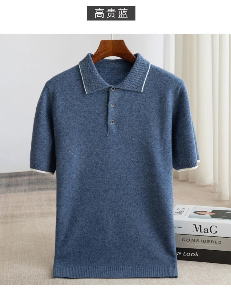 Noxwear - 100% Merino wool men's lapel short sleeved sweater T-shirt new knitted casual business men's pullover sweater wool T-shirt summe