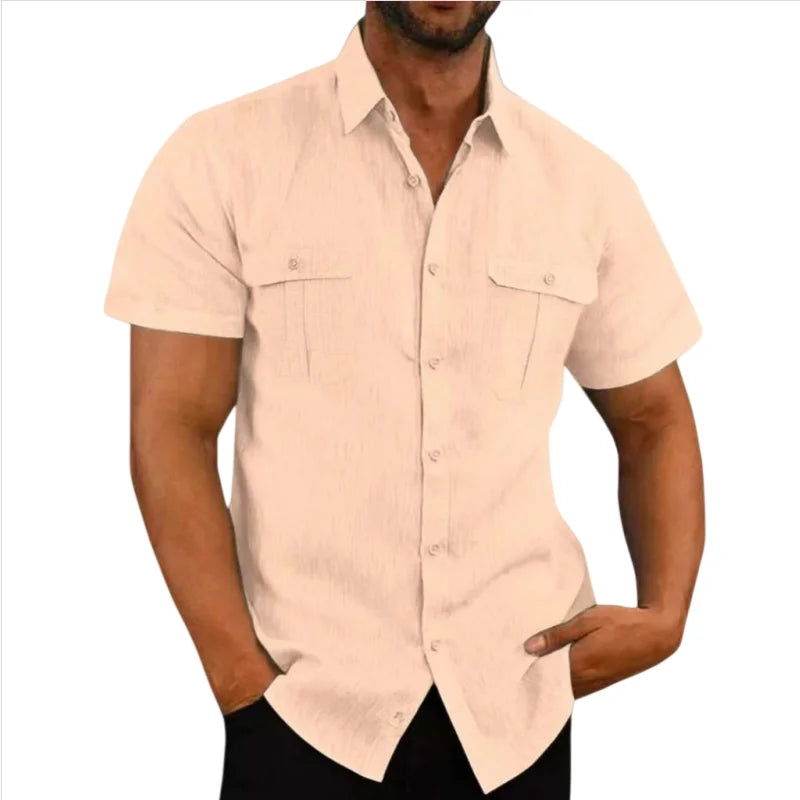 Noxwear - Cotton Linen Hot Sale Men Short-Sleeved Shirts Summer Solid Color Comfort Collar Casual Beach Style Plus SizeMale Shirts M-5XL