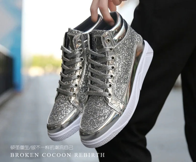 Noxwear - Men's Boots Nightclubs Fashiona Sequins With Diamonds Gold Leather Boots Trendy High Top Sports Casual Shoes Large Size 38-48