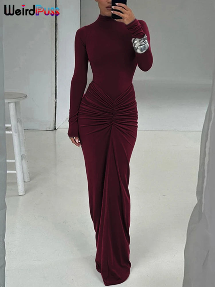 Noxwear Weird Puss Hipster Ruched Dress Women o-NeckFull Sleeve  Skinny Stretch Robe Autumn Trend Simple Classic Pleats Long Bodycon