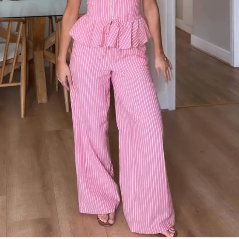 Noxwear Striped Lace Up Vest Pants Set Women Sleeveless Backless Top High Waisted Trousers Sets Female 2026 New Lady Streetwear Outfit