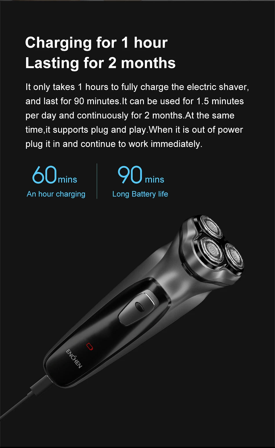 Noxwear - ENCHEN Blackstone Electrical Rotary Shaver for Men 3D Floating Blade Washable Type-C USB Rechargeable Shaving Beard Machine