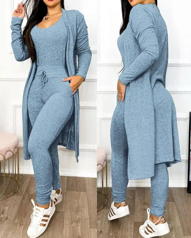 Noxwear Two Piece Set Women Outfit 2023 Spring Fashion Drawstring Pocket Design U-Neck Sleeveless Skinny Jumpsuit & Long Sleeve Coat Set