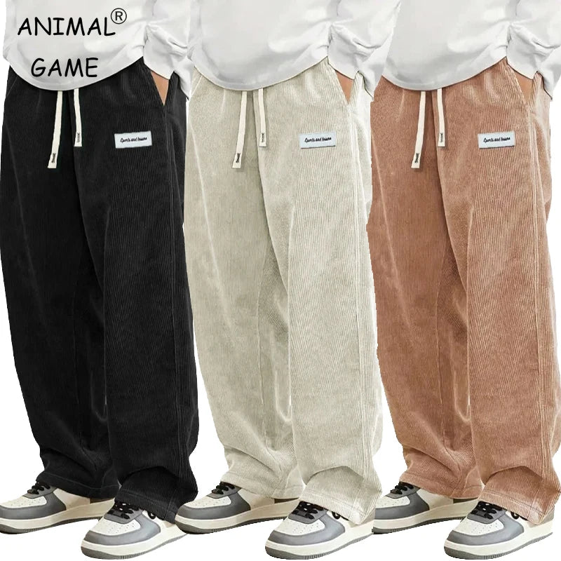 Noxwear - New Mens Corduroy Casual Pants Fashion Loose Fit Baggy Pants Straight Sweatpants Elastic Waist Drawstring Outdoor Streetwear