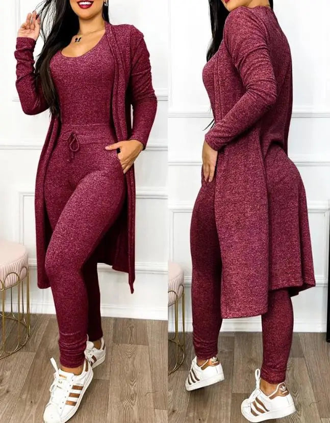 Noxwear Two Piece Set Women Outfit 2023 Spring Fashion Drawstring Pocket Design U-Neck Sleeveless Skinny Jumpsuit & Long Sleeve Coat Set
